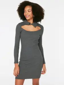 Trendyol Charcoal Grey Solid Ribbed Shirt Collar Cut Out Detail Bodycon Mini Knitted Dress