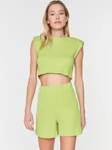 Trendyol Green Ribbed Crop Top with Padded Shoulders