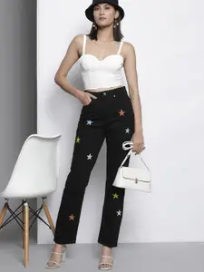 Trendyol Women Black Bootcut High-Rise Printed Jeans