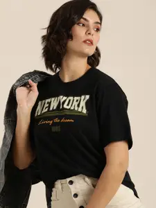 DILLINGER Women Black Typography Printed Oversized  T-shirt