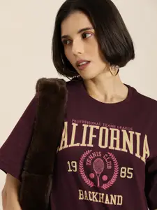 DILLINGER Women Burgundy & Cream-Coloured Typography Pure Cotton Oversized T-shirt