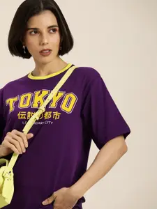 DILLINGER Women Purple & Mustard Yellow Typography Pure Cotton Oversized T-shirt