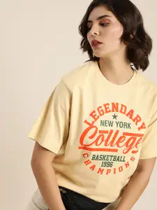 DILLINGER Women Beige Typography Printed Oversized  T-shirt