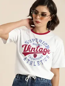 DILLINGER Women White Typography Printed Oversized  T-shirt