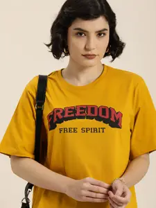 DILLINGER Women Mustard Yellow & Orange Typography Pure Cotton Oversized T-shirt