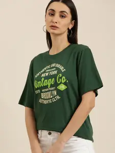 DILLINGER Women Green Typography Printed Pure Cotton Oversized  T-shirt