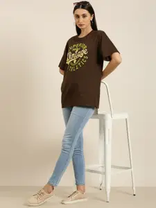 DILLINGER Women Brown Typography Printed Pure Cotton Oversized T-shirt