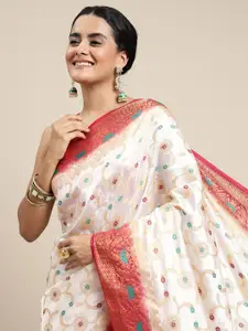 Royal Rajgharana Saree White & Pink Woven Design Zari Silk Blend Banarasi Saree
