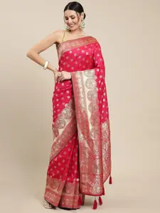 Royal Rajgharana Saree Pink & Silver Ethnic Motifs Zari Woven Design Banarasi Sarees