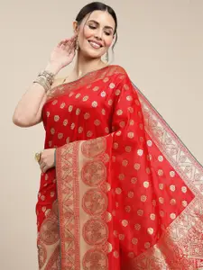 Royal Rajgharana Saree Red & Golden Ethnic Motifs Zari Woven Design Banarasi Sarees