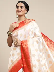Royal Rajgharana Saree White & Red Woven Design Zari Silk Blend Banarasi Saree