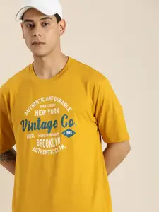 DILLINGER Men Mustard Yellow & White Printed Drop-Shoulder Sleeves Pure Cotton Oversized T-shirt