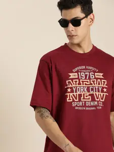 DILLINGER Men Maroon & Cream-Coloured Printed Drop-Shoulder Sleeves Pure Cotton Oversized T-shirt