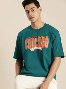 DILLINGER Men Bottle Green & Orange Printed Drop-Shoulder Sleeves Cotton Oversized  T-shirt