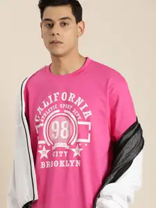 DILLINGER Men Pink & White Printed Drop-Shoulder Sleeves Pure Cotton Oversized  T-shirt