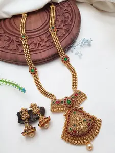 GRIIHAM Gold-Plated Pink & Green AD Studded Long Laxmi Hara Necklace Set