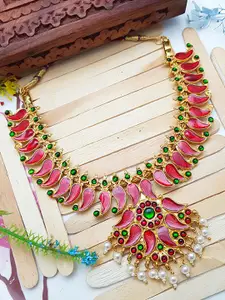 GRIIHAM Pink & Gold-Plated Studded Nagapadam Necklace