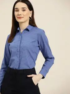 Hancock Women Blue Standard Slim Fit Micro Checks Pure Cotton Formal Shirt