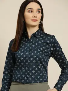 Hancock Women Navy Blue Standard Slim Fit Printed Pure Cotton Formal Shirt