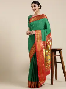 Varkala Silk Sarees Green & Red Ethnic Motifs Zari Art Silk Paithani Saree