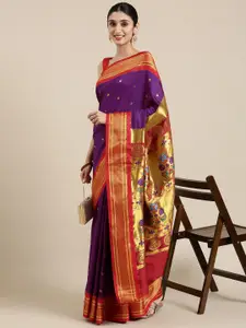 Varkala Silk Sarees Aubergine & Red Ethnic Motifs Zari Art Silk Paithani Saree