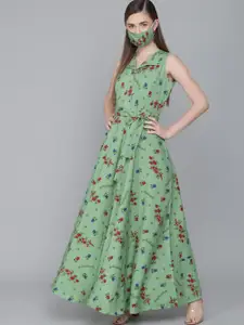 Rudraaksha Creations Green & columbia blue Floral Crepe Maxi Dress