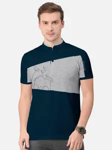 BULLMER BULLMER Men Green Colourblocked Mandarin Collar Bio Finish T-shirt