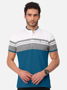 BULLMER BULLMER Men Turquoise Blue Colourblocked Mandarin Collar Bio Finish T-shirt