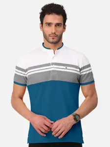 BULLMER BULLMER Men Turquoise Blue Colourblocked Mandarin Collar Bio Finish T-shirt