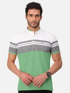 BULLMER Men Lime Green Striped Mandarin Collar Bio Finish T-shirt