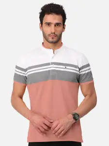 BULLMER Men Pink Striped Mandarin Collar Bio Finish T-shirt