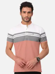 BULLMER Men Pink Striped Mandarin Collar Bio Finish T-shirt