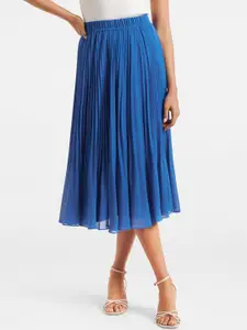 Forever New Women Intense Azure Blue Solid Pleated Midi Flared Skirt