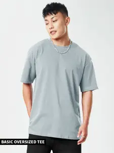 The Souled Store Men Pearl Grey Solid Round Neck Oversized T-Shirt