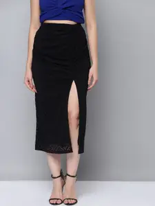 SASSAFRAS Women Black Self-Design A-Line Midi Skirt