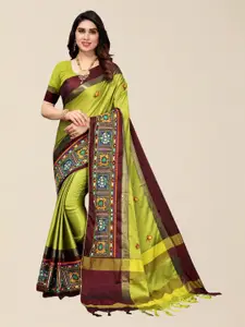 SERONA FABRICS Lime Green & Brown Embellished Kutchi Embroidery Silk Cotton Saree