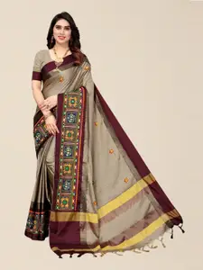 SERONA FABRICS Cream-Coloured & Brown Embellished Kutchi Embroidery Silk Cotton Saree