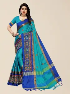 SERONA FABRICS Turquoise Blue & Red Embellished Kutchi Embroidery Silk Cotton Saree