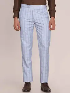 TAHVO Men Blue Checked Tailored Trousers