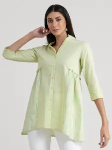 Pink Fort Lime Green & gravel Mandarin Collar Shirt Style Longline Top