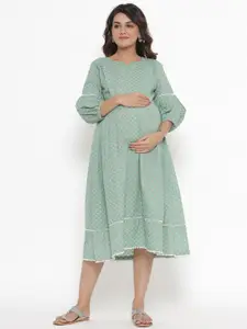 Ikk Kudi by Seerat Green & Desert Sage Maternity & Nursing Cotton Midi Dress