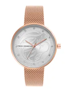 French Connection Women Silver-Toned Embellished Dial & Rose Gold Toned Stainless Steel Bracelet Style Watch