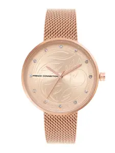 French Connection Women Rose Gold-Toned Embellished Dial & Rose Gold Toned Stainless Steel Bracelet Style Watch