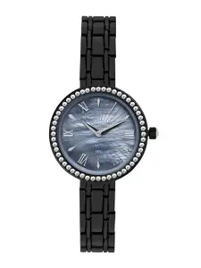 French Connection Women Black Mother of Pearl Dial & Black Stainless Steel Bracelet Style Straps Analogue Watch