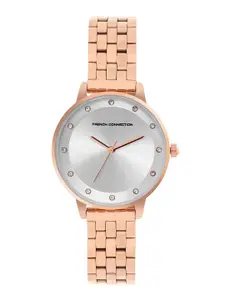 French Connection Women Rose Gold-Toned Embellished Dial & Rose Gold Toned Stainless Steel Bracelet Style Watch