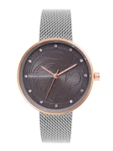French Connection Women Grey Embellished Dial & Grey Stainless Steel Bracelet Style Straps Analogue Watch