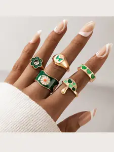 Vembley Set Of 5 Gold-Plated Green-Colored Designed Finger Rings