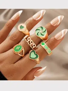 Vembley Set Of 6 Gold-Plated Green Colored Ring