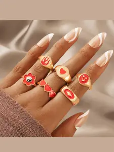 Vembley Set Of 6 Gold-Plated Red Colored Ring