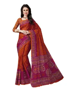 SHANVIKA SHANVIKA Orange & Pink Batik Pure Cotton  Block Print Saree